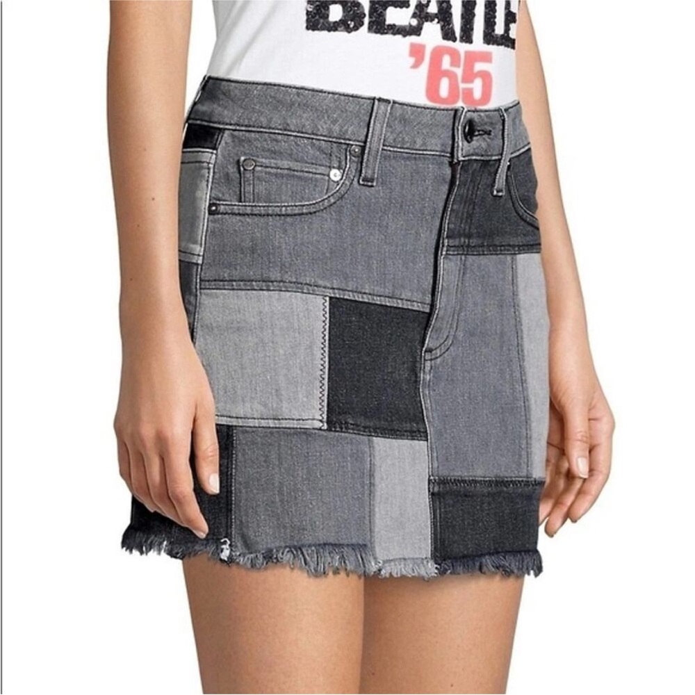 Alice + Olivia Patchwork Denim Skirt Black and Grey